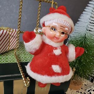 Cute MCM Vintage Christmas Red Flocked Mrs Claus Ornament 4" Made in Hong Kong